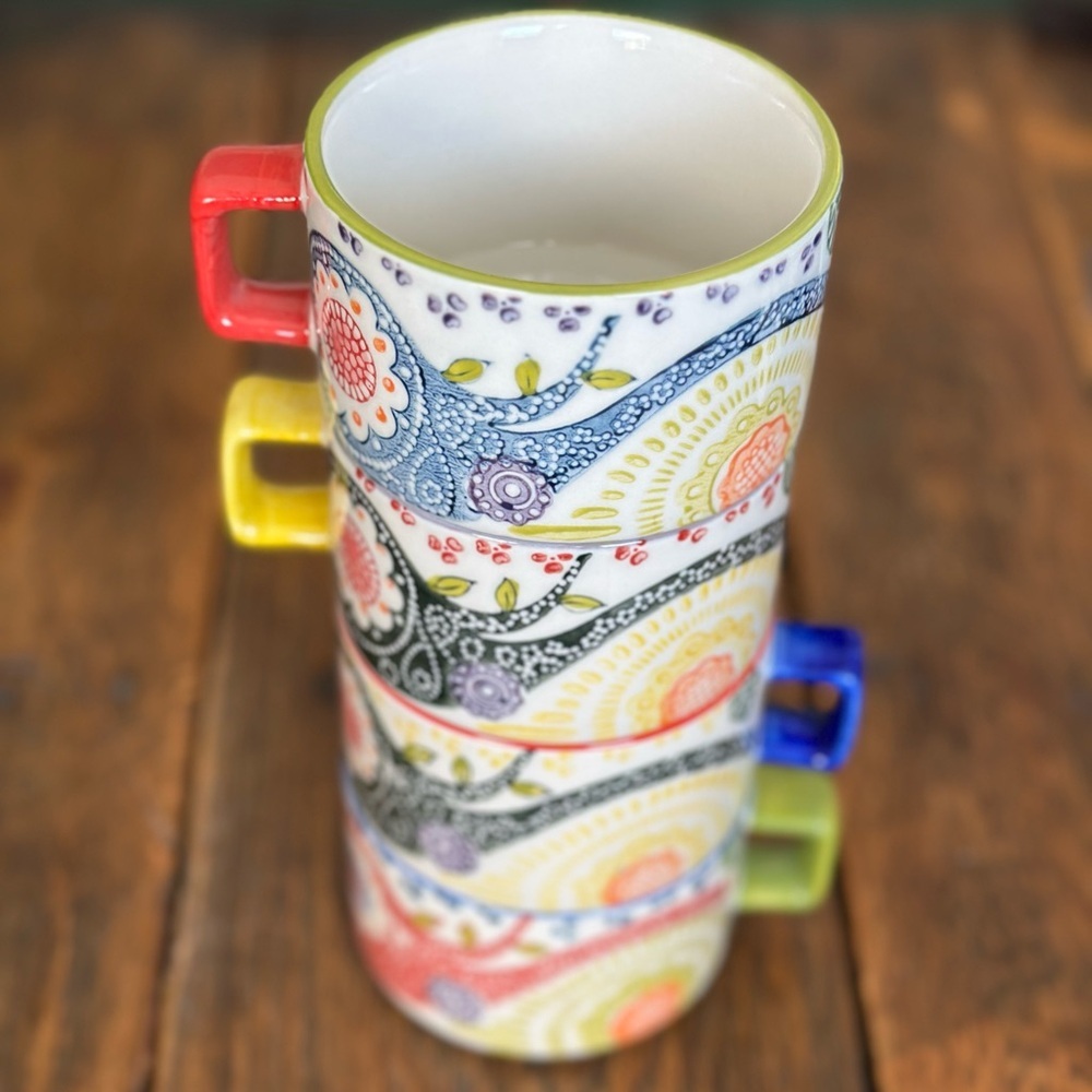 Pier 1 Hand Painted Paisley Stacking Porcelain Mugs With Square Handles